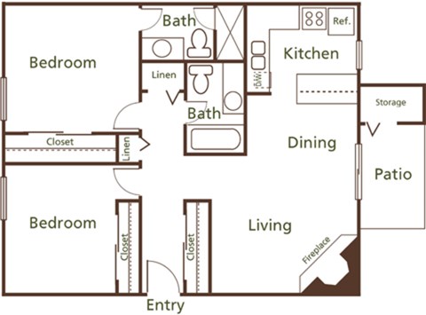 Floor plan for 2 beds, 2 baths, 918 sqft